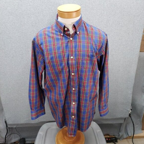 Land's End Size 16.5-32 No Iron 100% Cotton Plaid Button Down Shirt Blue Red - Picture 1 of 5